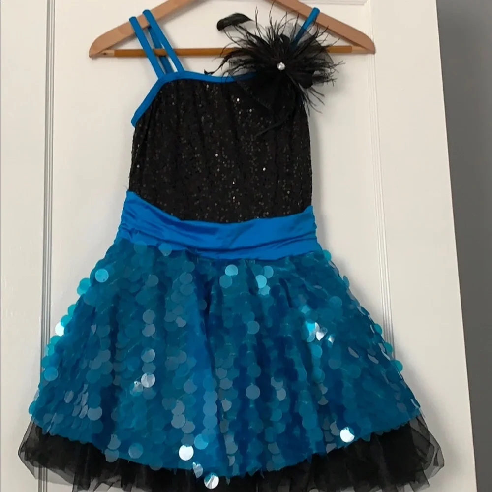 Weissman SA Dance Costume Blue Black Dress & hairpiece EUC Small - Picture 8 of 10